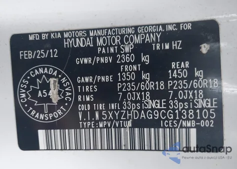 2012 Hyundai Santa Fe Limited 3.5 z USA, uszkodzony, nr VIN 5XYZHDAG9CG138105